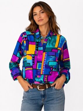 Vintage Wrangler 80s 90s colorful printed western style button-down shirt womens